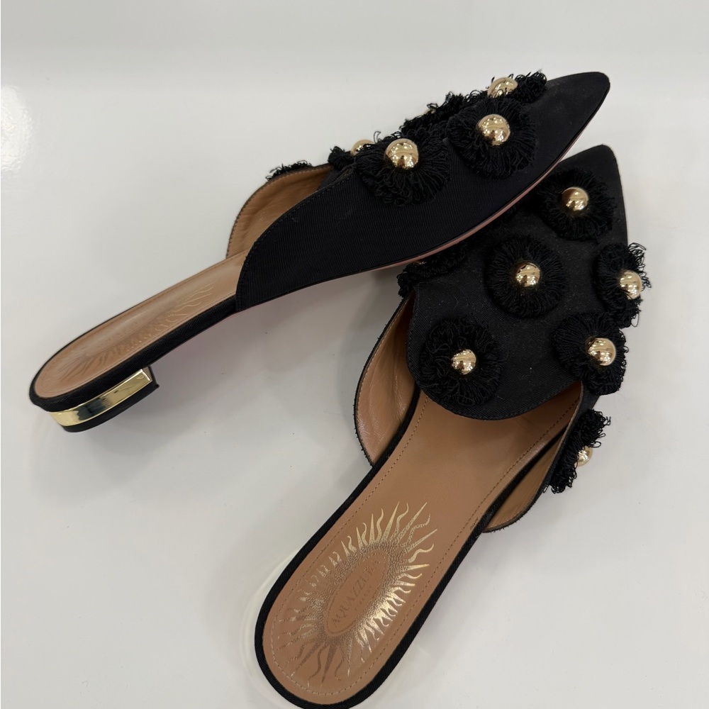 Aquazzura Black and Gold Fringe Stud Pointed Slide Mules - Picture 2 of 8